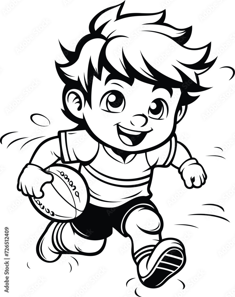 Rugby Boy Running with Ball - Black and White Cartoon Illustration. Vector