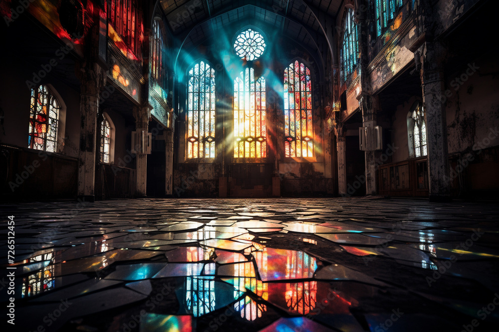 A catholic church with stained glass windows. A light shining through the window panes on the floor and the walls. The wall, ceiling, and floor are shining brightly and reflecting rays. Generative AI
