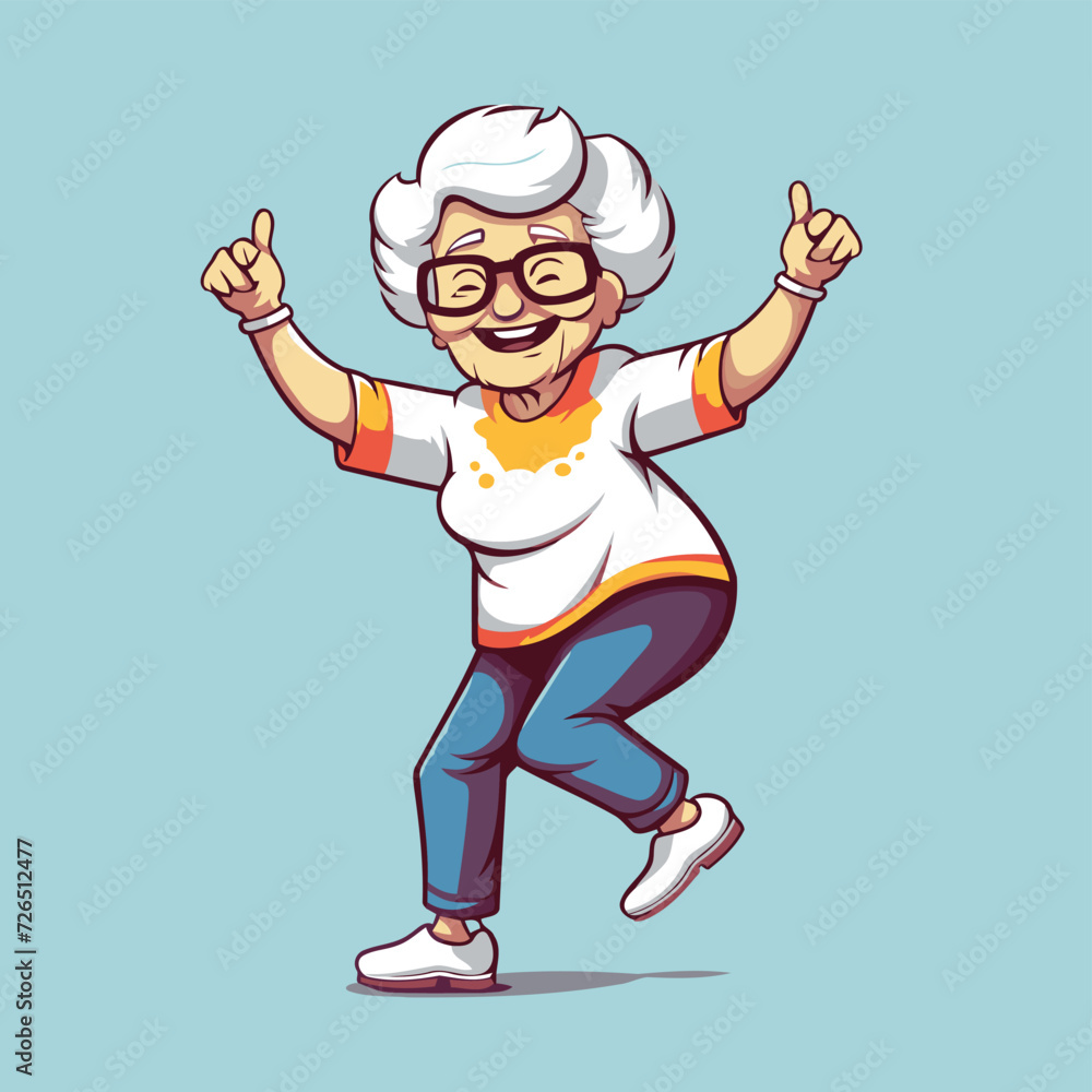 Elderly woman with glasses dancing and smiling. Vector illustration.