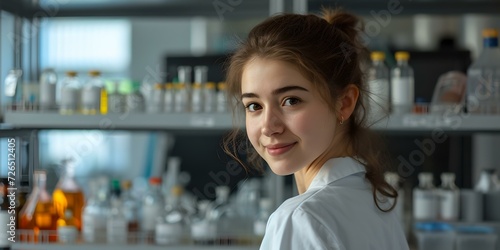 Confident young female scientist in laboratory environment. professional portrait with glassware background. focused academic researcher. AI