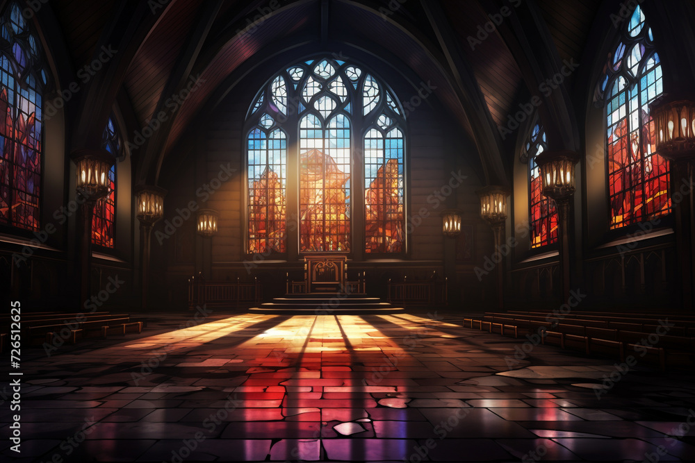 A catholic church with stained glass windows. A light shining through the window panes on the floor and the walls. The wall, ceiling, and floor are shining brightly and reflecting rays. Generative AI - obrazy, fototapety, plakaty 