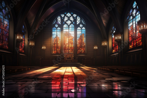 A catholic church with stained glass windows. A light shining through the window panes on the floor and the walls. The wall, ceiling, and floor are shining brightly and reflecting rays. Generative AI photo