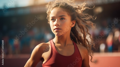 Lifelike image featuring a charming young girl participating in a sports competition, with available space for supplementary elements © LaxmiOwl