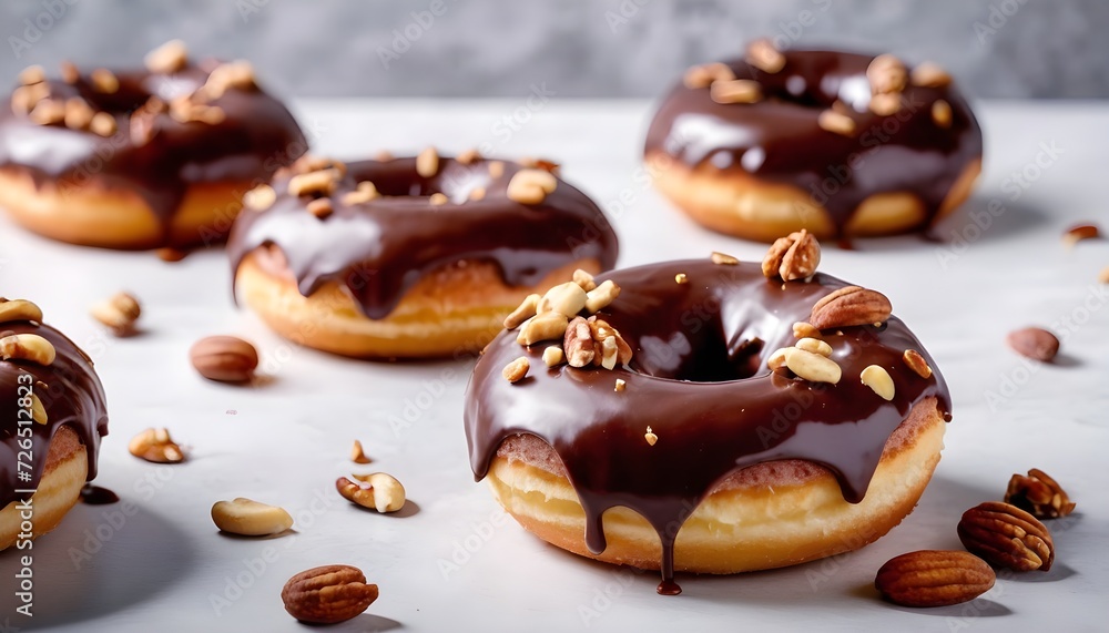 Chocolate donuts with chocolate glaze nuts. National Donut Day. Generative AI