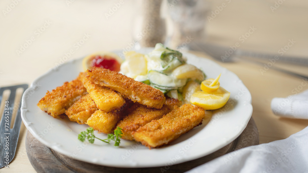 Fischstäbchen mit Kartoffel-Gurken-Salat Fischstäbchen mit Kartoffel-Gurken-Salat