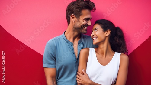 Loving couple smiling against a bold backdrop  perfect for adding text or logos