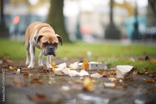 stray dog rummaging through scattered litter in a city park photo