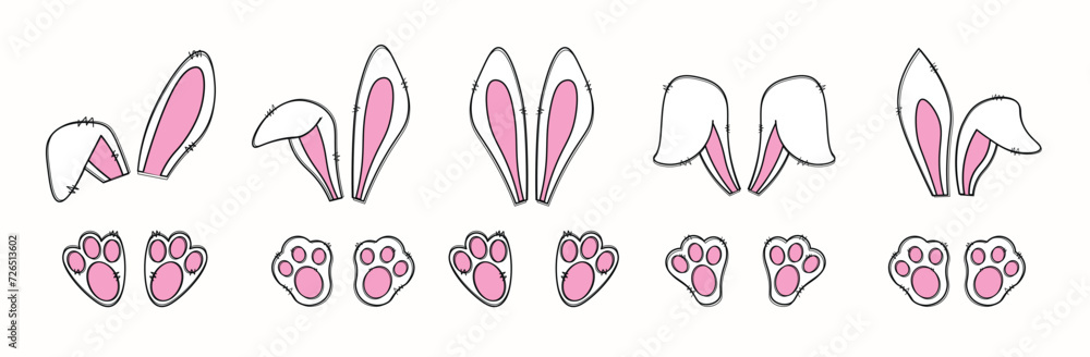 Hand drawn cute rabbit ears vector. Rabbit ears and rabbit feet vector collection