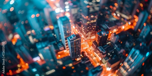 Urban landscape at night with vibrant lights. aerial city view with tilt-shift effect creating miniature world. modern cityscape at twilight. AI photo