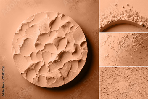 Peach fuzz is color of year 2024. Textures of cosmetics products surface in collage.