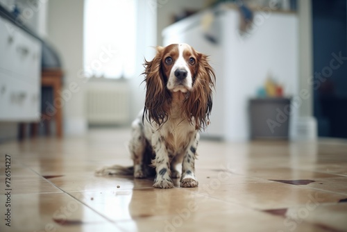spaniel with muddy paws on a clean floor photo