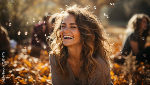 Smiling young woman outdoors, enjoying nature beauty and happiness generated by AI
