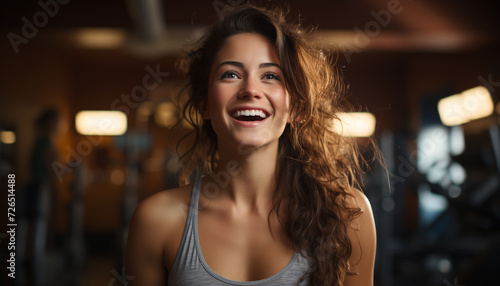 Young woman, smiling, indoors, exercising, healthy lifestyle, confident, beautiful, standing, looking away generated by AI © Stockgiu