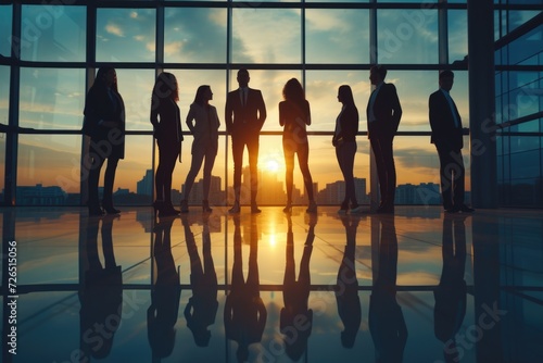 A group of people standing in front of a window. This image can be used to depict various scenarios involving people gathering or observing something through a window