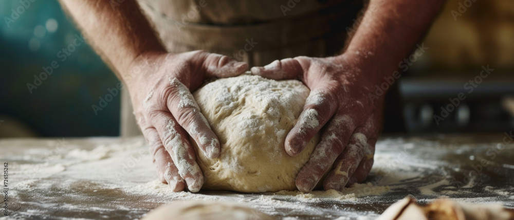 Hands kneading dough with expertise, the essence of baking captured in the tactile art of crafting bread