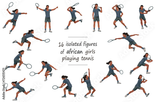 16 girl figures of an African women s tennis player in black shirt serving  receiving  hitting the ball  standing  jumping and running