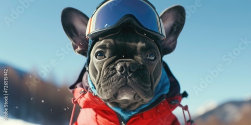 A picture of a small dog wearing a helmet and goggles. This image can be used to represent pet safety or for illustrations related to adventure and protection