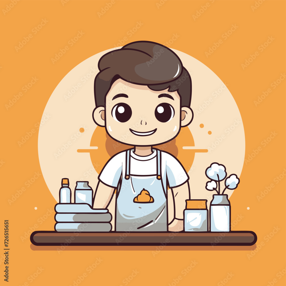 Cute boy in apron with cleaning products. Vector illustration.