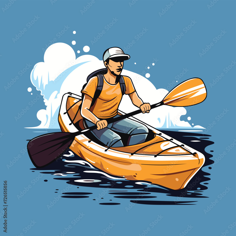 Illustration of a man in a kayak. Vector illustration.