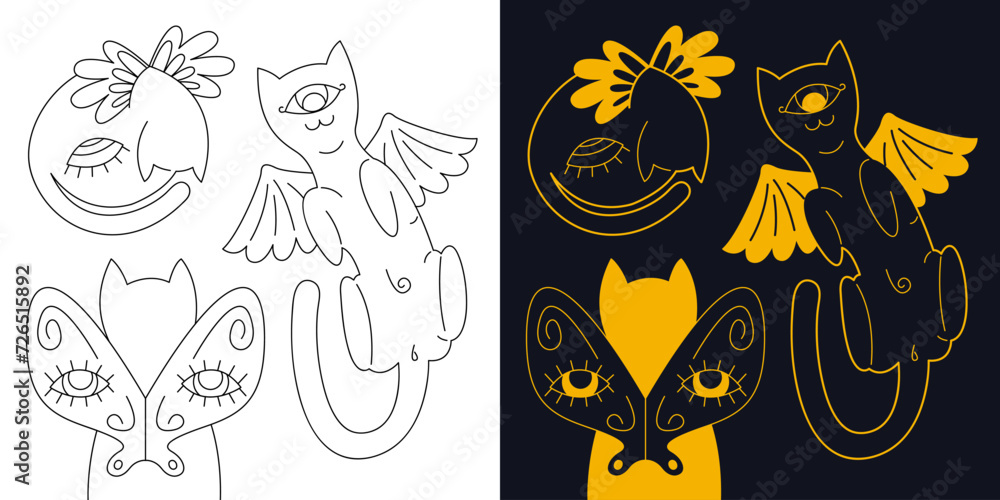 Сute mystical cats with different wings. Two-color and black and white outline vector illustration. Сute mystical cats with different wings. Two-color and black and white outline vector illustration.