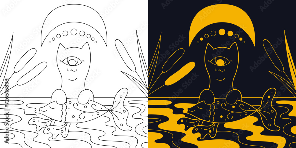 Mystical landscape with a cat and fish. Two-color and black and white outline vector illustration. Mystical landscape with a cat and fish. Two-color and black and white outline vector illustration.
