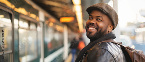 A man in a hat and leather jacket beams with joy at the train station, the beginning of an urban adventure © Ai Studio