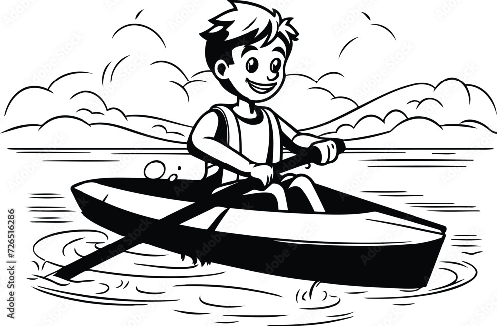 Boy rowing a boat on the river - black and white vector illustration