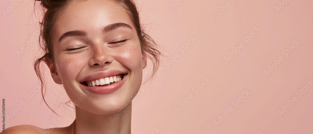 A young woman's radiant smile against a soft pink background, epitomizing youthful beauty and genuine happiness A young woman's radiant smile against a soft pink background, epitomizing youthful beauty and genuine happiness