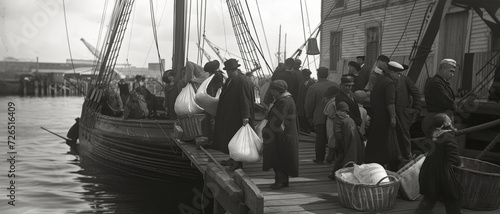 Historic scene at a bustling dockside, with immigrants and travelers boarding a sailing ship, carrying the promise of a new life photo