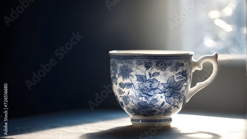 Sunlight streaming through a window, illuminating a delicate porcelain teacup