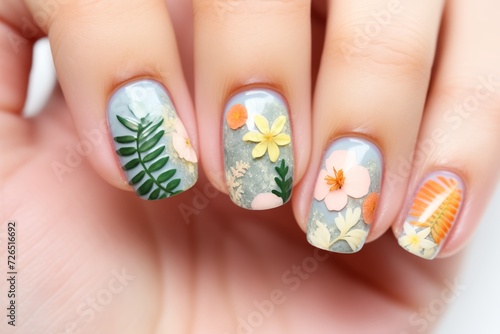 botanical nail art with painted ferns and petals