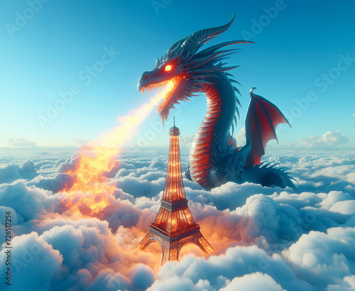 3D fantasy dragon on the Eiffel Tower view. Mythology creature.