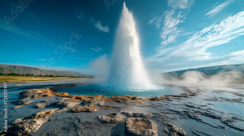 A photo of the Great Geysir, with surrounding lush landscapes as the background, during a clear summer day