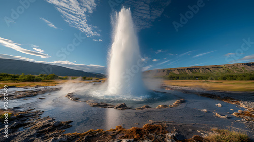 A photo of the Great Geysir, with surrounding lush landscapes as the background, during a clear summer day