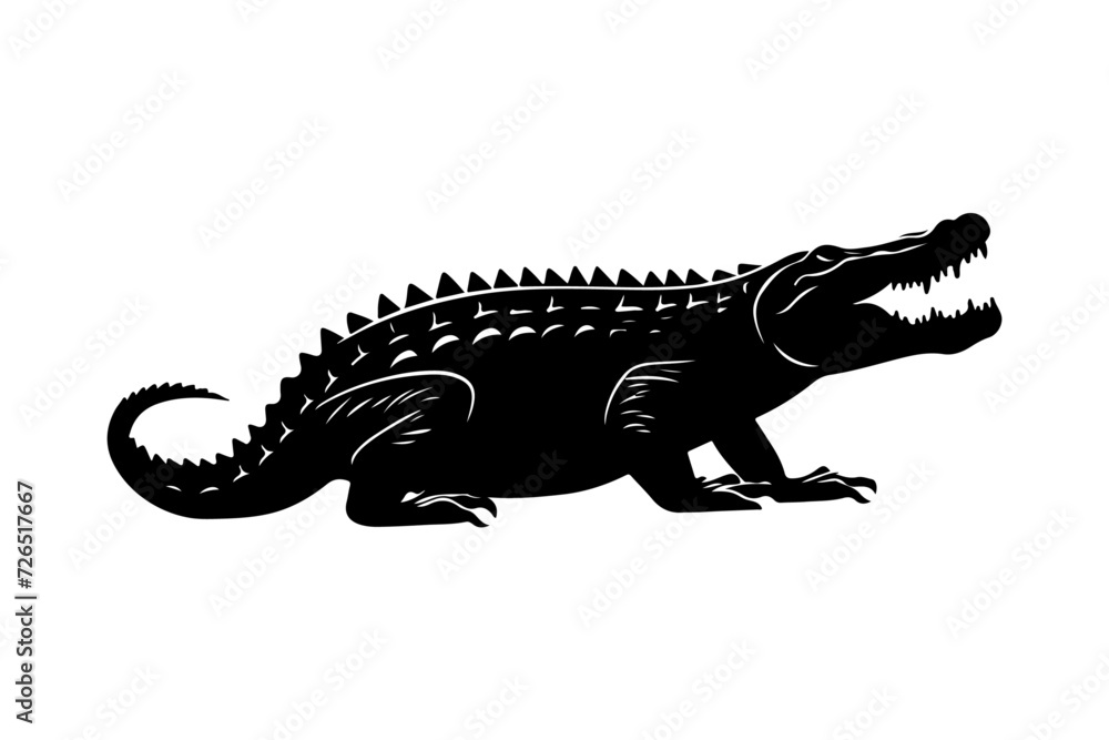 Obraz premium Black silhouette of alligator. Isolated crocodile image on white background. Animal of North America. Vector illustration isolated 