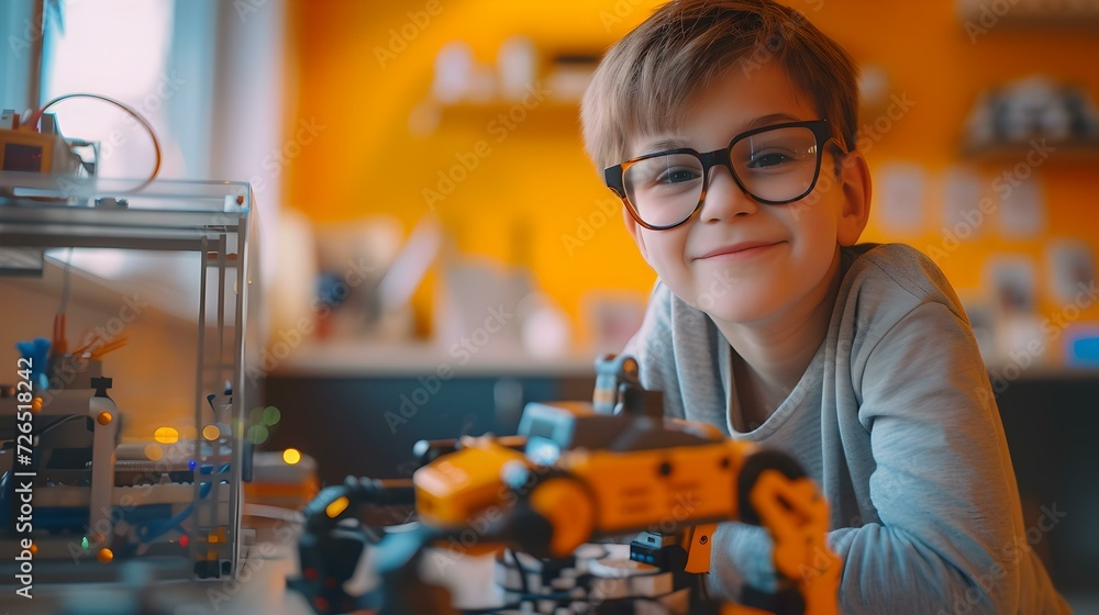 Young boy with glasses building a robot at home. creative childhood activities. science and education concept. fun indoor leisure pursuit for children. AI