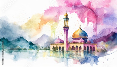 Watercolor illustration of Ramadan Kareem with mosque and crescent moon