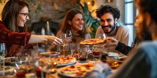 Group of friends enjoying a pizza meal together in a cozy restaurant. casual dining experience captured in a candid style. perfect for lifestyle and food themes. AI photo