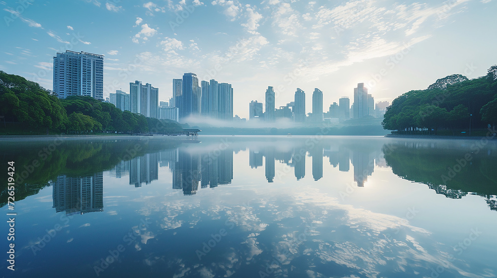Fototapeta premium Reflection of a city in a tranquil lake