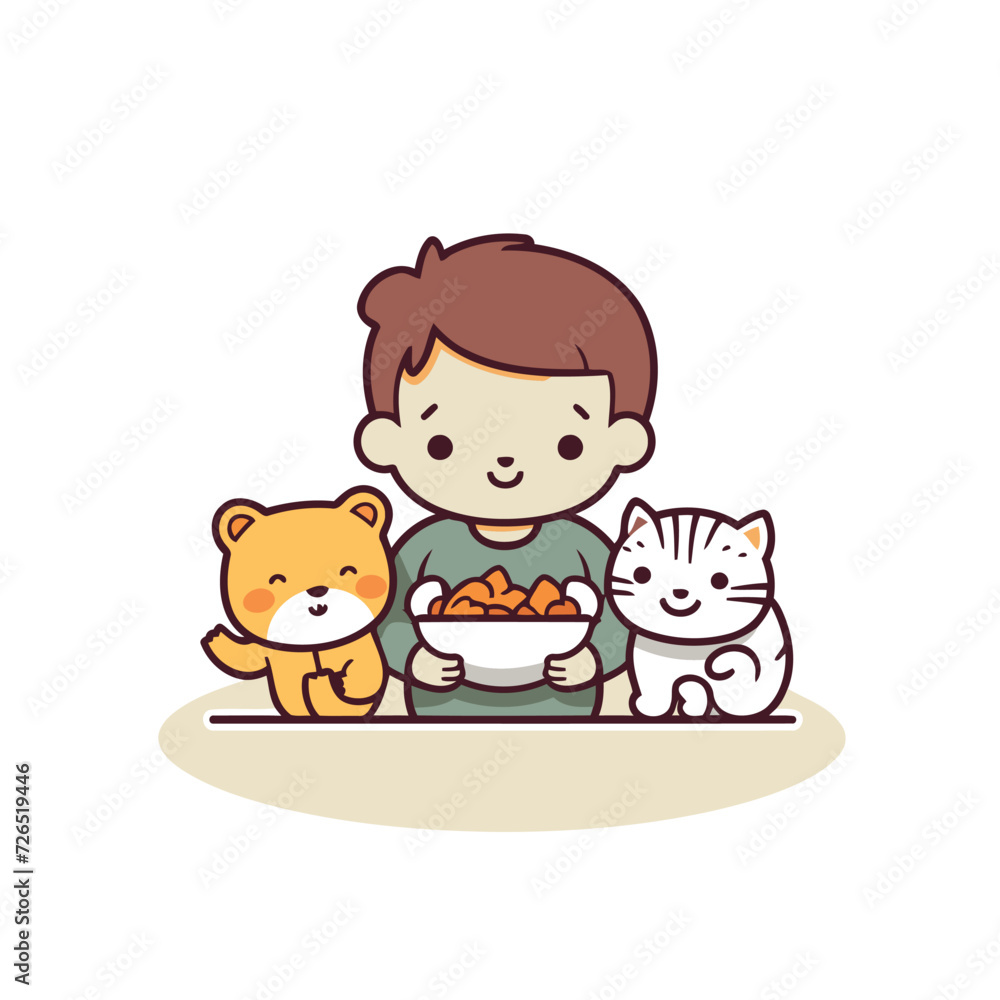 Cute boy with cat and dog eating food. Vector illustration.