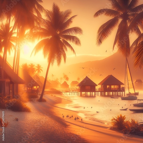 Palm trees on the beach at sunset with wooden houses in the foreground. Beautiful nature tropical beach and sea with coconut palm tree at sunset time for travel and vacation  photo