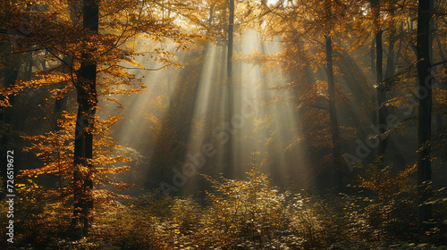 Unbeams filtering through the branches of an autumn forest