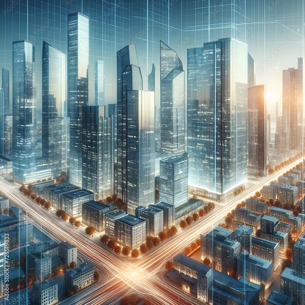 Obraz premium Night cityscape with high-rise buildings and road. 3d rendering. Modern skyscrapers illuminate night city vanishing into dark