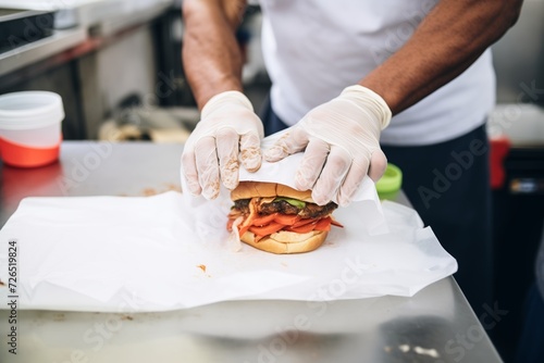 vendors hands wrapping a burger in paper for takeaway service