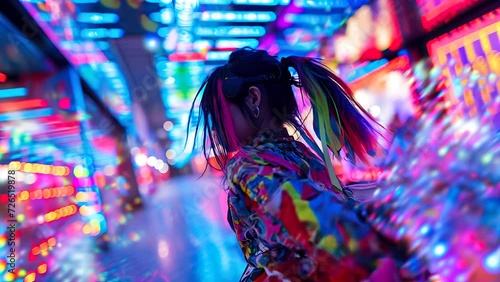 Asian Teen Girl in Neon Vivid Arcade With Y2K Apparel