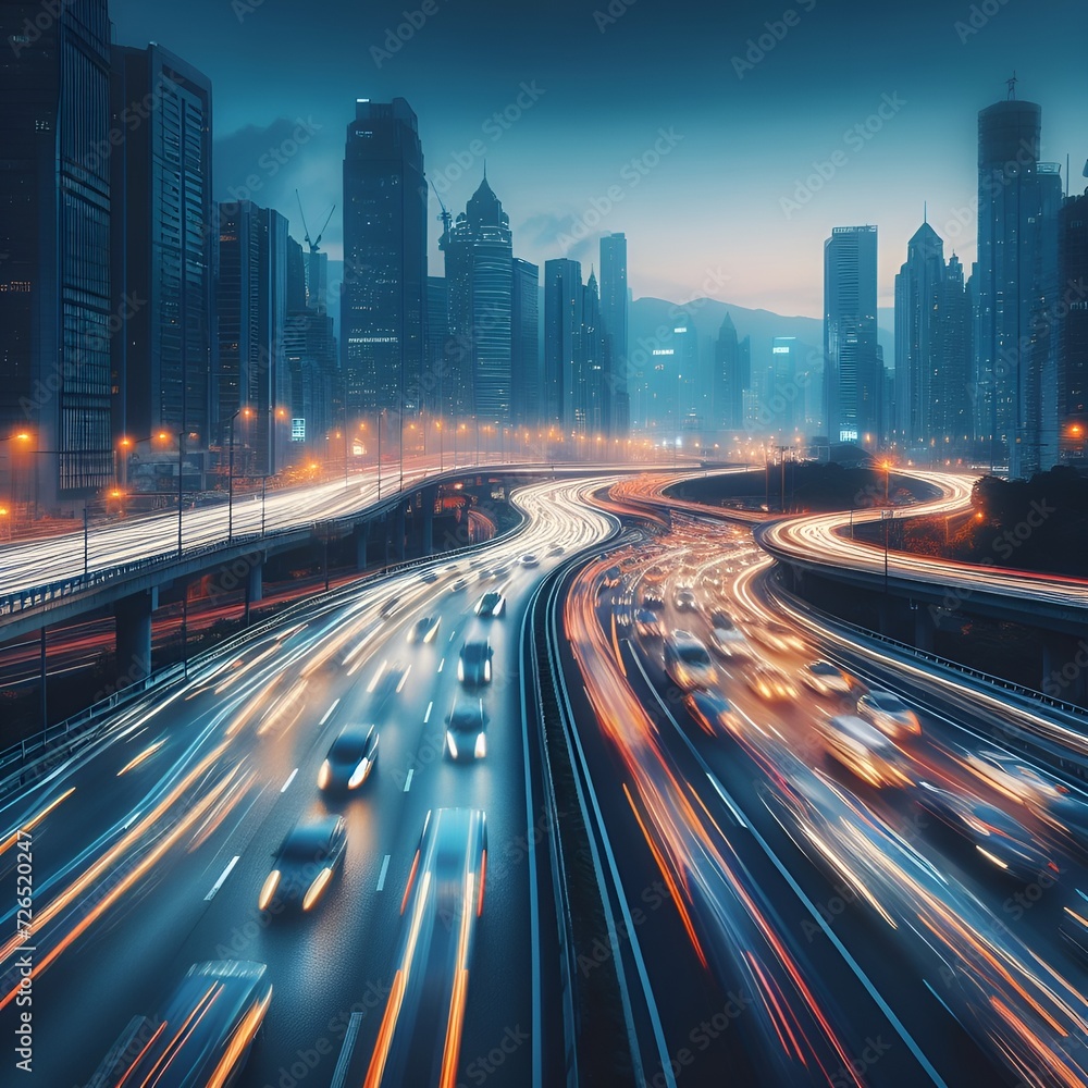 Traffic on highway at night. A bustling flow of traffic on a nighttime highway, adorned with colorful streaks of lights, capturing the energy and motion of urban life