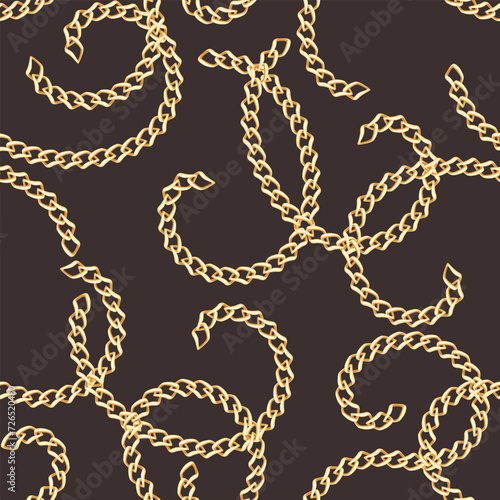 Golden chains on dark background. Seamless pattern with precious metal jewelry. Vector cartoon illustration.