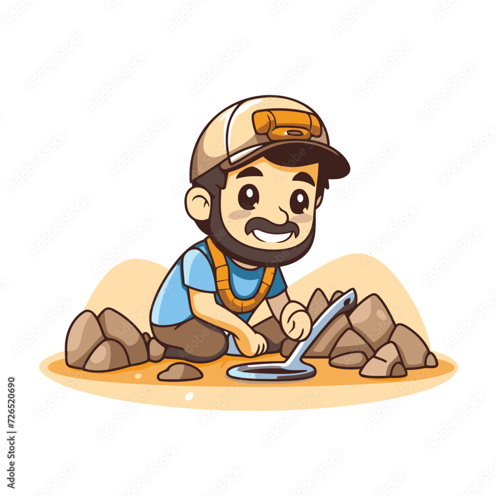 Vector cartoon illustration of a plumber working on a stone pile.