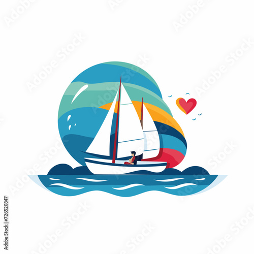 Sailing boat in the sea. Vector illustration in flat style.