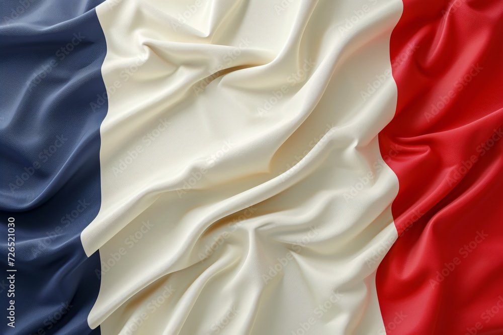 A 3D rendering of the French Flag on a white backdrop, flying on a pole in celebration of Independence Day, representing the nation on rippling cloth.